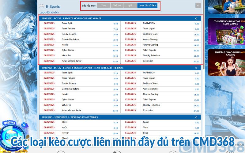 Các loại kèo cược liên minh đầy đủ trên CMD368